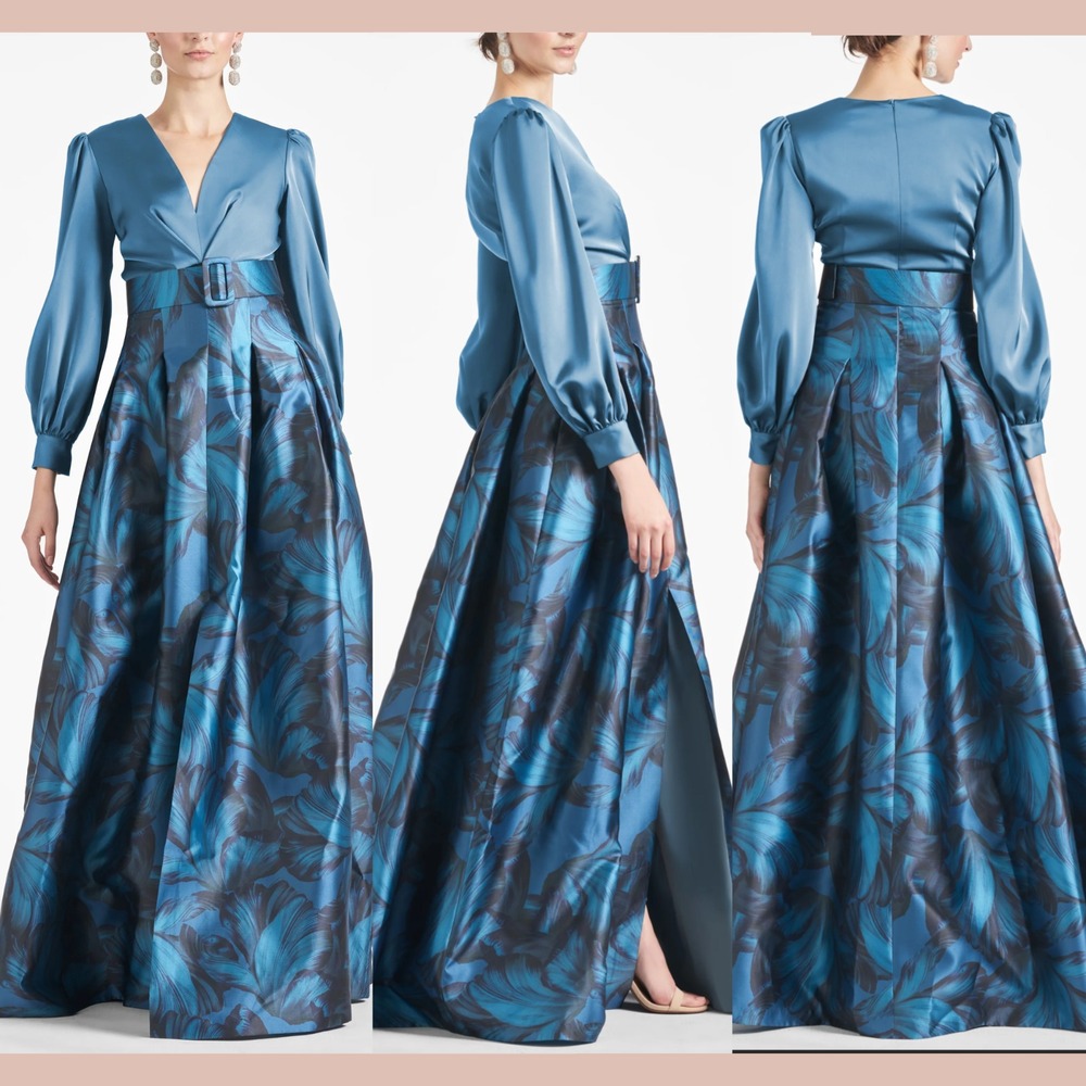NWT $895 Sachin & Babi [ 16W ] Zoe V Neck Ball Gown Gunmetal Tonal Petal‎ J1490